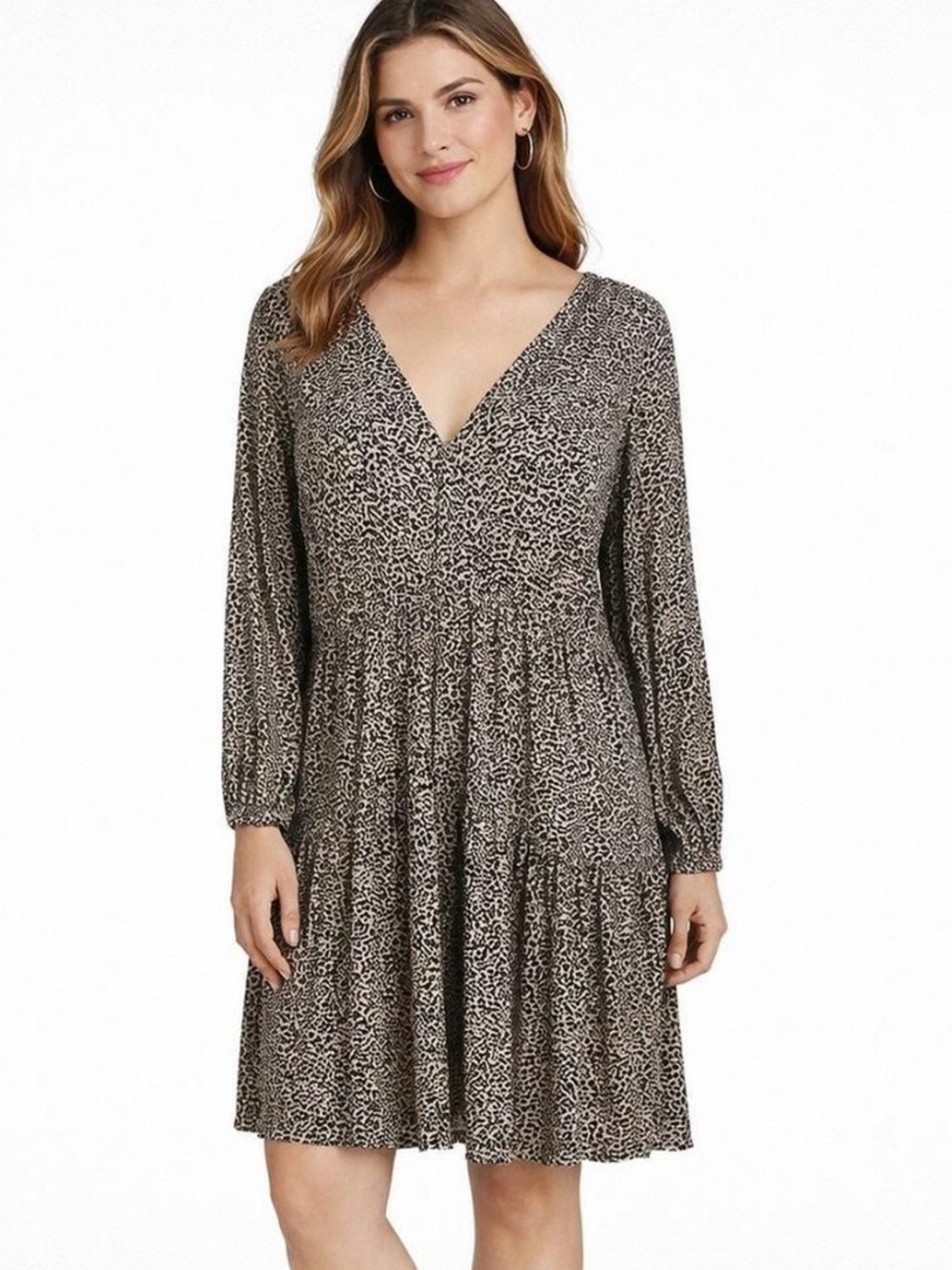 A New Day Leopard Print Tiered Mini Dress V Neck Long Sleeve Small